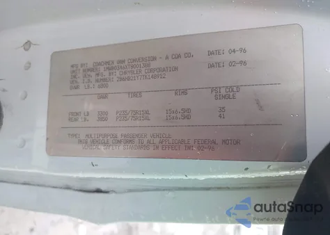 1996 Dodge Ram Van B2500 z USA, uszkodzony, nr VIN 2B6HB21Y7TK148912